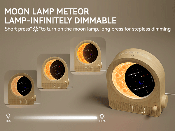 Moon Lamp Meteor: Infinitely dimmable lamp with crescent moon shape. Four views show brightness levels from 0% to 100%. Features digital clock display and stepless dimming functionality.