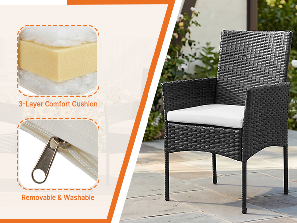 Thick seat cushions with zipper covers and adjustable leveling feet for outdoor furniture