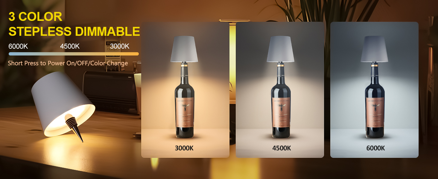 Wireless Bottle Lamp, Wine Bottle Lights with Touch Dimming, Rechargeable 3 Color Temperatures 