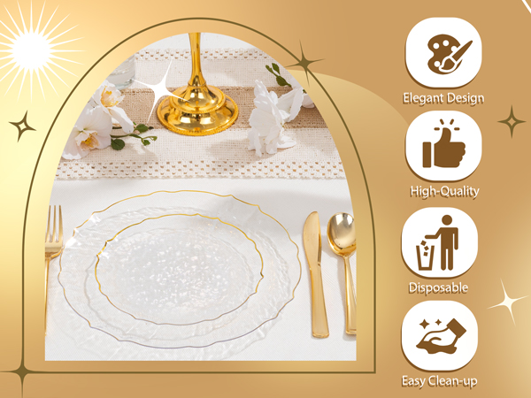 clear and gold plastic plates
