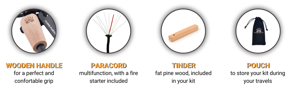 Comfortable wooden handle, multifunctional paracord, fire starter included, carrying pouch