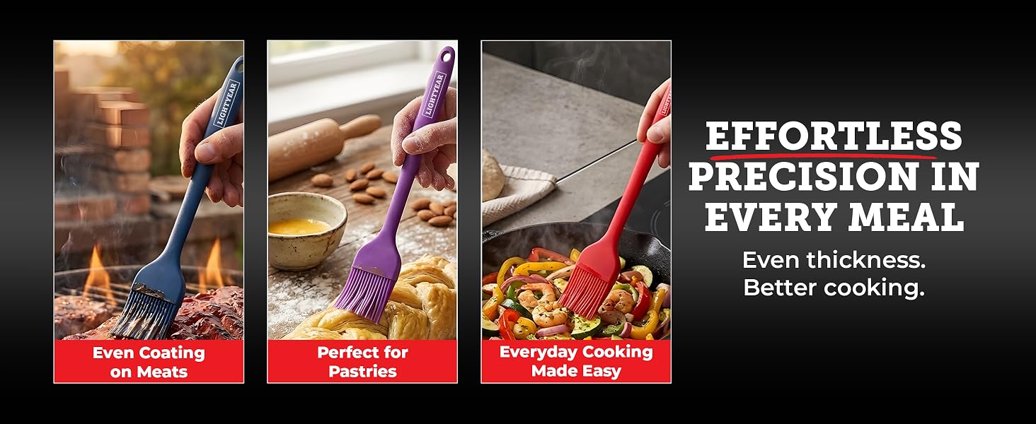 silicone brush being used for baking, BBQ glazing, and oil basting across different dishes