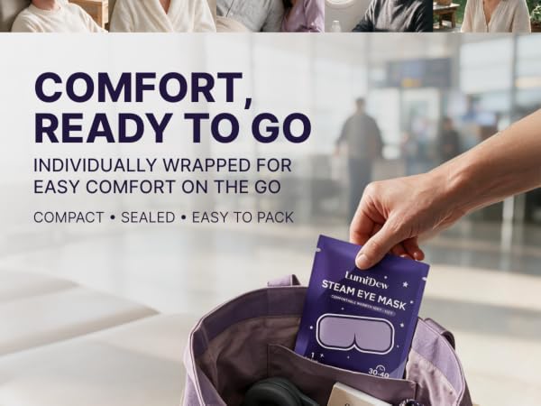 Hand placing a single LumiDew steam eye mask packet into a travel bag.