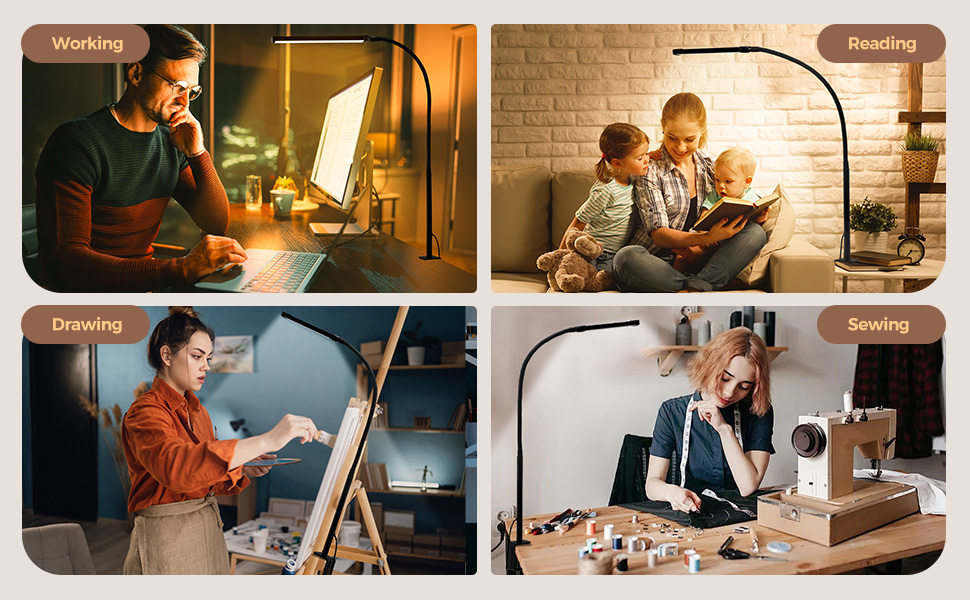 Four-panel image showing people using lamps for various activities: reading, working on laptop, crafting, and studying.