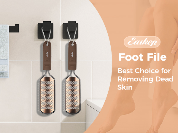 Foot file product with metallic textured surface and wooden handle, mounted on wall hooks. Product packaging indicates it's designed for removing dead skin.