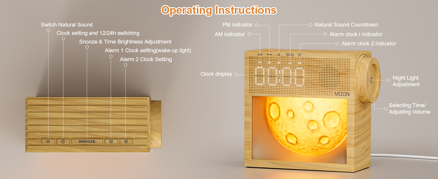 unique alarm clock, light alarm clock, bedside table clock white noise machine for sleeping