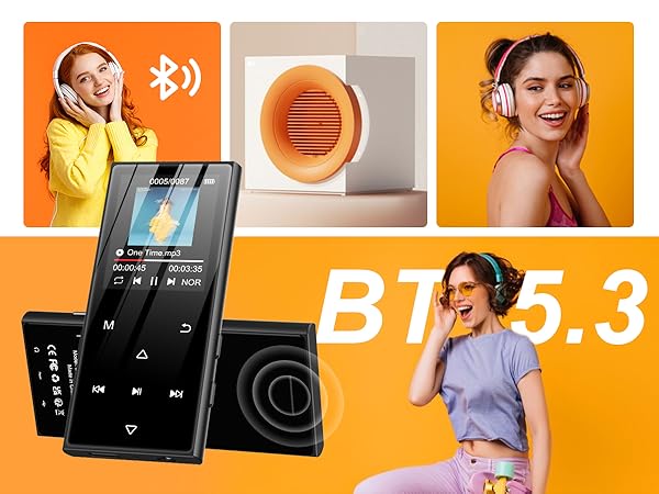 Portable MP3 player with touchscreen display and physical buttons. Features Bluetooth connectivity. Orange circular speaker visible. Multiple images show people wearing headphones, suggesting audio playback functionality.