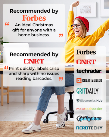 Person in yellow sweater and jeans using a handheld device, surrounded by logos of tech publications recommending the product.