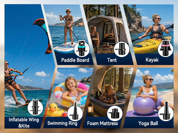 Text reads: 'Paddle Board', 'Surfing', 'Wave', 'Inflatable Raft', 'Swimming Pool', 'Foam Mat', 'Yoga Mat'. Composite grid showing eight water and beach activity scenes with labeled categories for different recreational water and fitness products.