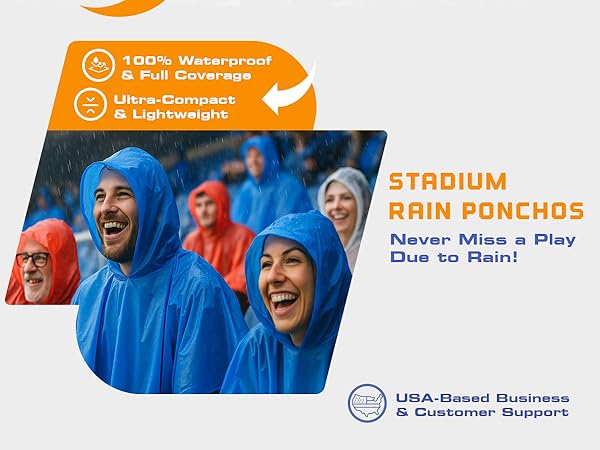 Fans wearing ponchos in a rainy stadium