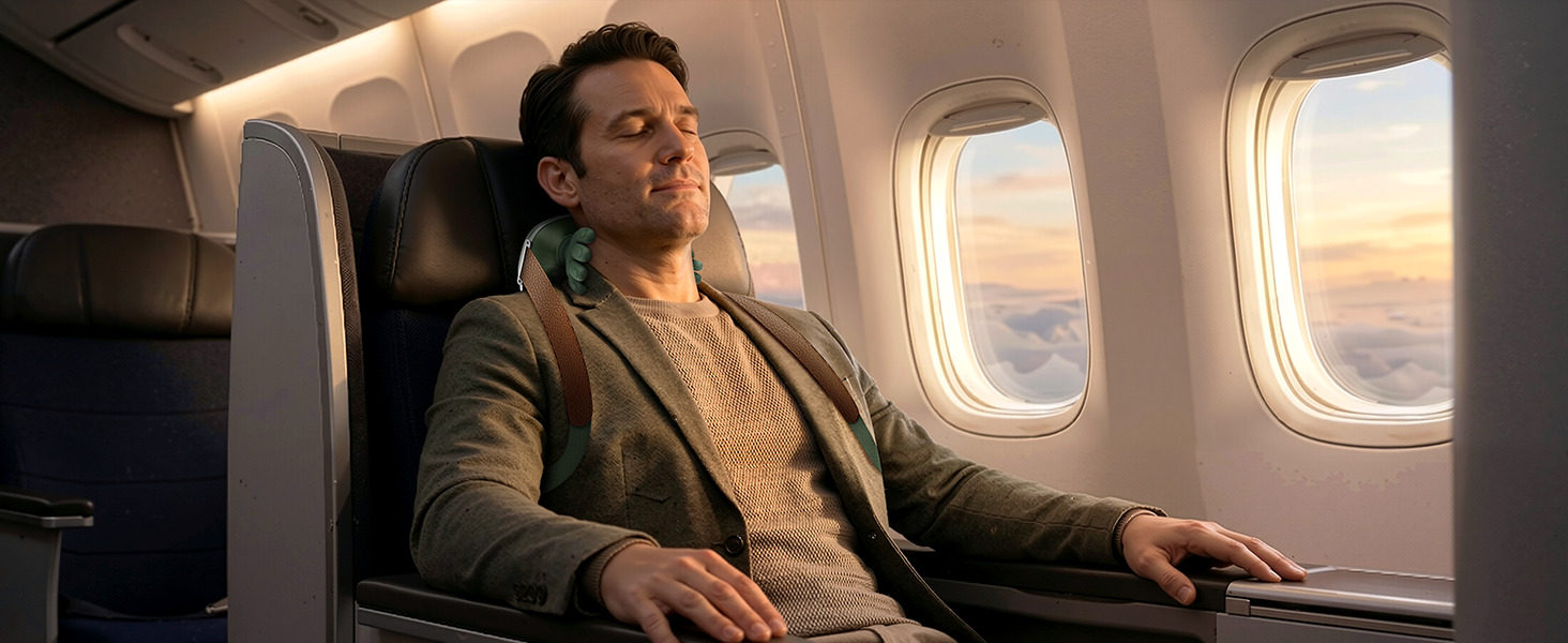 Portable neck massager for travel man wearing compact wireless neck massager