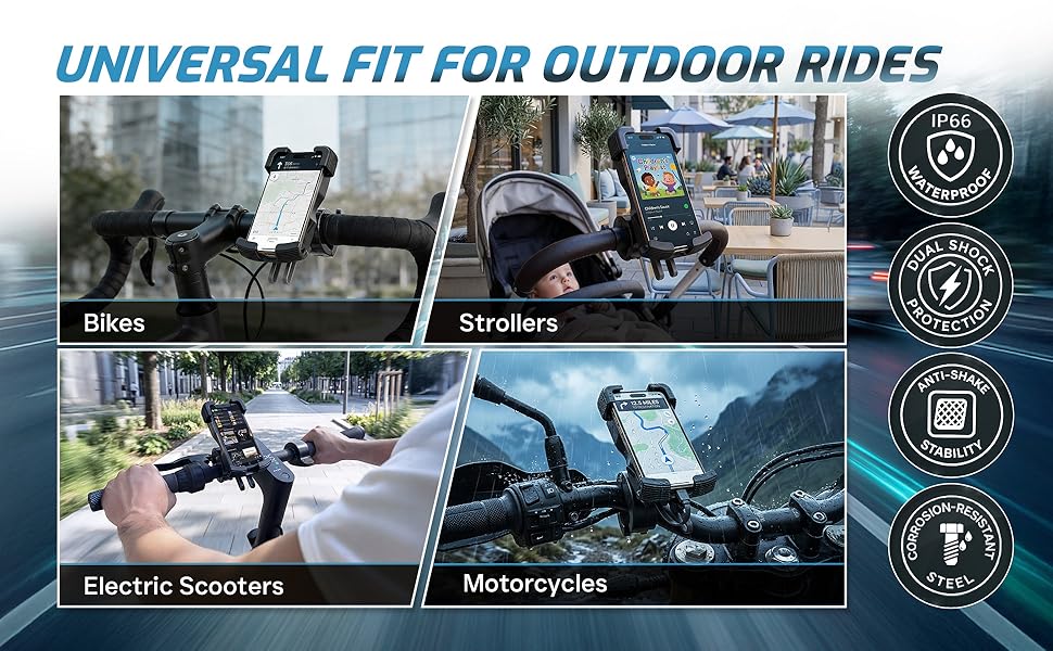 Anti-Shake Stability, IP66 Waterproof Protection, Dual Shock Absorption, Corrosion-Resistant Steel