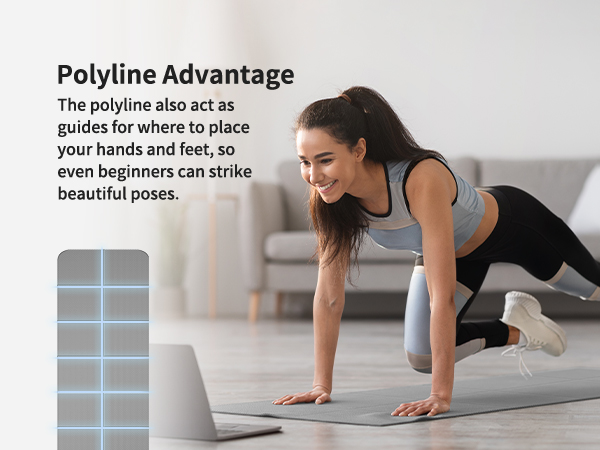 Yoga mat with polyline grid pattern. Text explains the grid guides hand and foot placement. Woman demonstrating plank pose on the mat in a bright room.