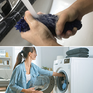 a woman cleaning a washing machine with a sponge