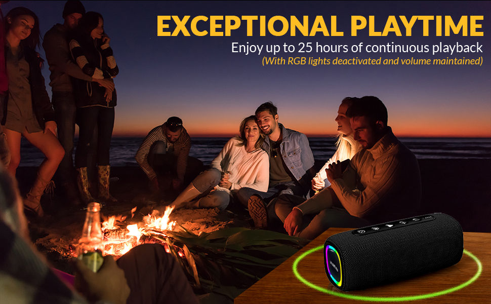Outdoor beach party speaker with 25 hour battery life portable wireless audio for campfire nights