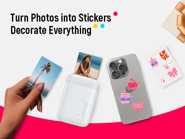 Advertisement showing custom photo stickers being applied to phone case and other items, with sample sticker designs displayed.