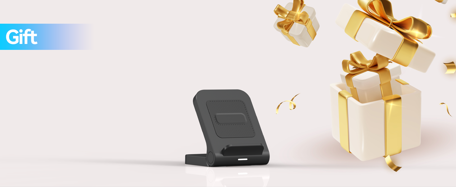 Black wireless charging stand for smartphones, displayed against a white background with decorative gold-ribboned gift boxes in the corner.