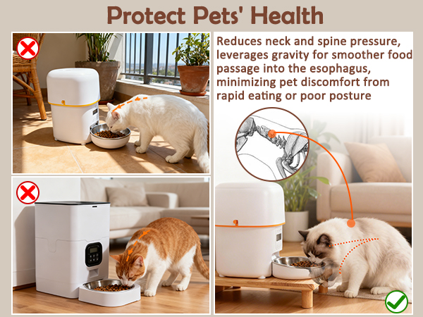 Text reads 'Protect Pets' Health'. Series of product demonstration images showing elevated pet feeding bowls at an ergonomic height, with cats eating from raised dishes.