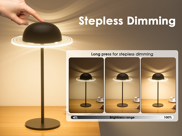 Text reads 'Stepless Dimming' and 'Long press for stepless dimming'. Shows black table lamp with dome shade and three-panel demonstration of dimming levels.