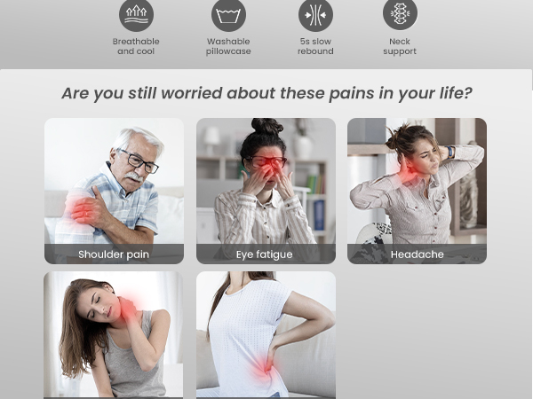 Advertisement showing five pain conditions: shoulder pain, eye fatigue, headache, neck pain, and back pain. Includes icons for breathable, washable, slow rebound, and neck support features.