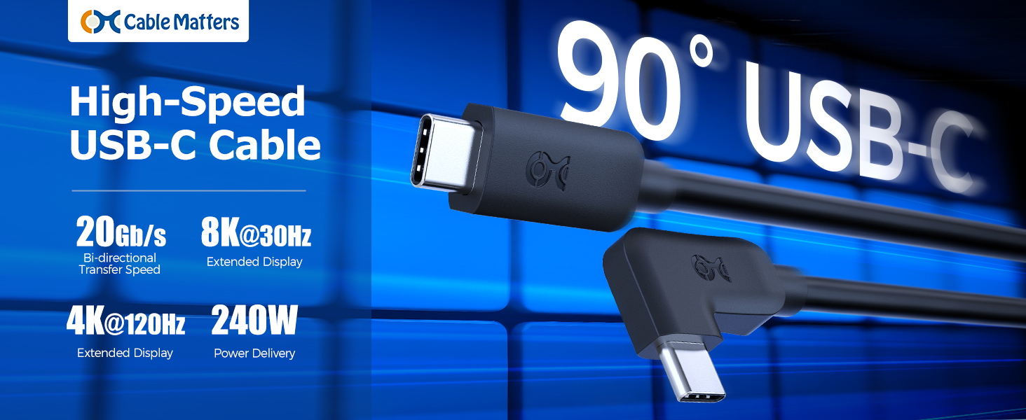 90 Degree Angled USB-C 20 Gbps Cable. 