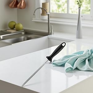 Magnetic surface pulls metal burrs for hygienic sharpening. 