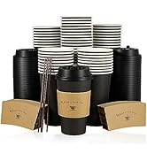 LITOPAK 100 Pack 16 oz Paper Coffee Cups for Hot Chocolate Drinks, Black Disposable Coffee Cups w...