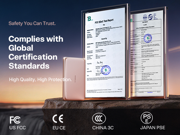 Flight Approved Power Bank, TSA Compliant, FCC Certified, Global Safety Standards, Reliable Power.