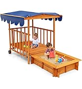 HONEY JOY 3 in 1 Kids Sandbox with Playhouse and Canopy, Wooden Cedar Bottomless Sand Pit for Bac...