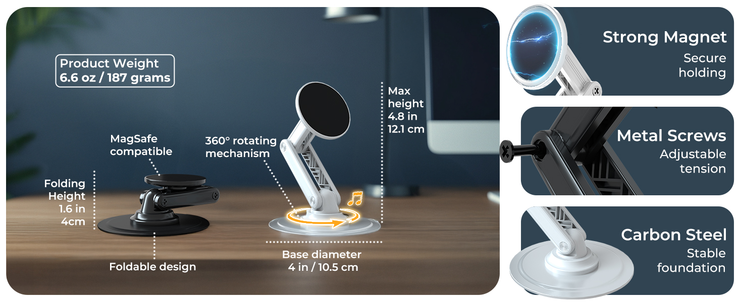 MagSafe kickstand with rotating iPhone holder for desk and metal magnet phone holder for secure grip