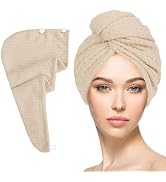Microfiber Hair Drying Towel with Button 1Pack Khaki Waffle Long Hair Head Wraps Twist Plopping C...
