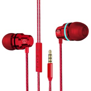Red in-ear headphones with inline microphone and control. 3.5mm audio jack visible. Metallic accents on earbuds.