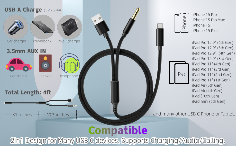 USB C to 3.5mm Audio Adapter Type C to Aux Headphone Male Cord Compatible with iPhone 15 Pro Max