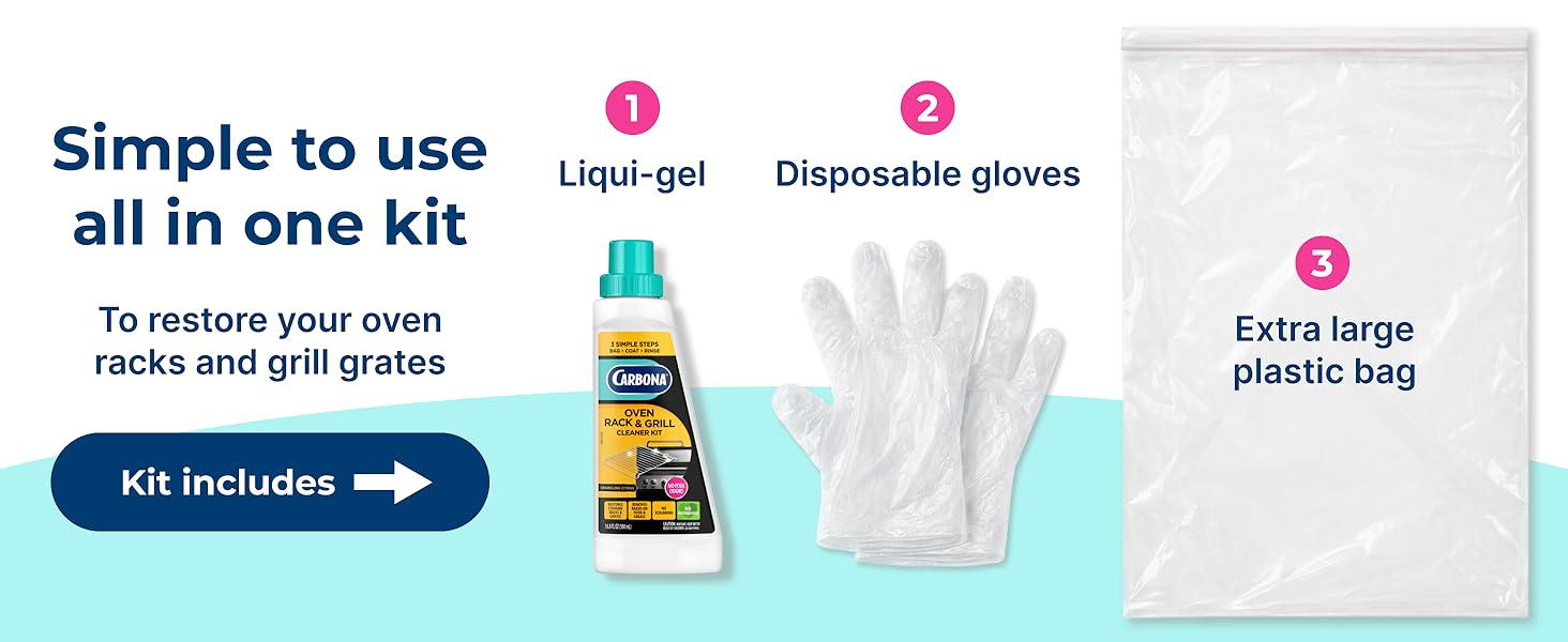 Carbona oven rack cleaning kit with liquid solution, gloves, and bag for easy at-home cleaning