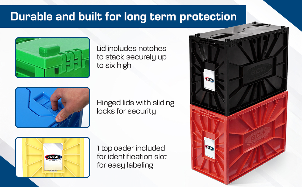 BCW Short Comic Book Bin with hinged lid, sliding locks, and secure stackable design.