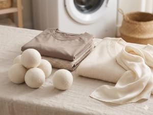 Wool dryer balls with neutral activewear and delicate fabrics
