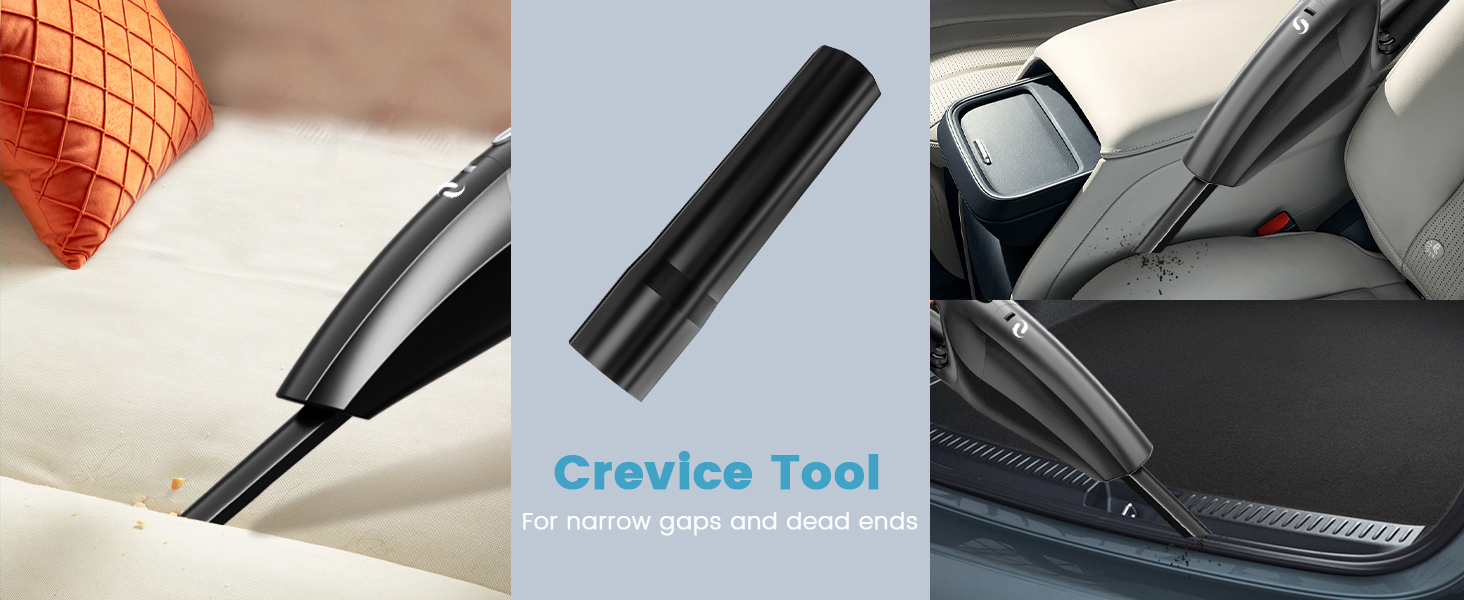 Narrow cylindrical cleaning tool with tapered tip, designed for reaching tight spaces. Shown cleaning car interior crevices and narrow gaps.