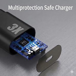 Exploded view of Fast charger showing internal smart chip heat regulation and safety shield
