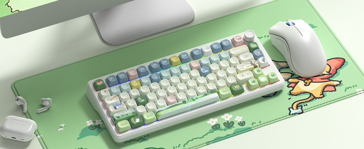 Soft gradients, tiny animal icons and scenic accents bring a warm, whimsical vibe to any keyboard