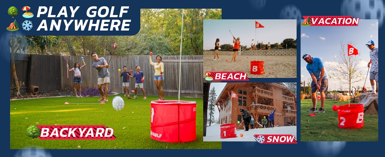Play golf anywhere: backyard, beack, park, vacation, snow