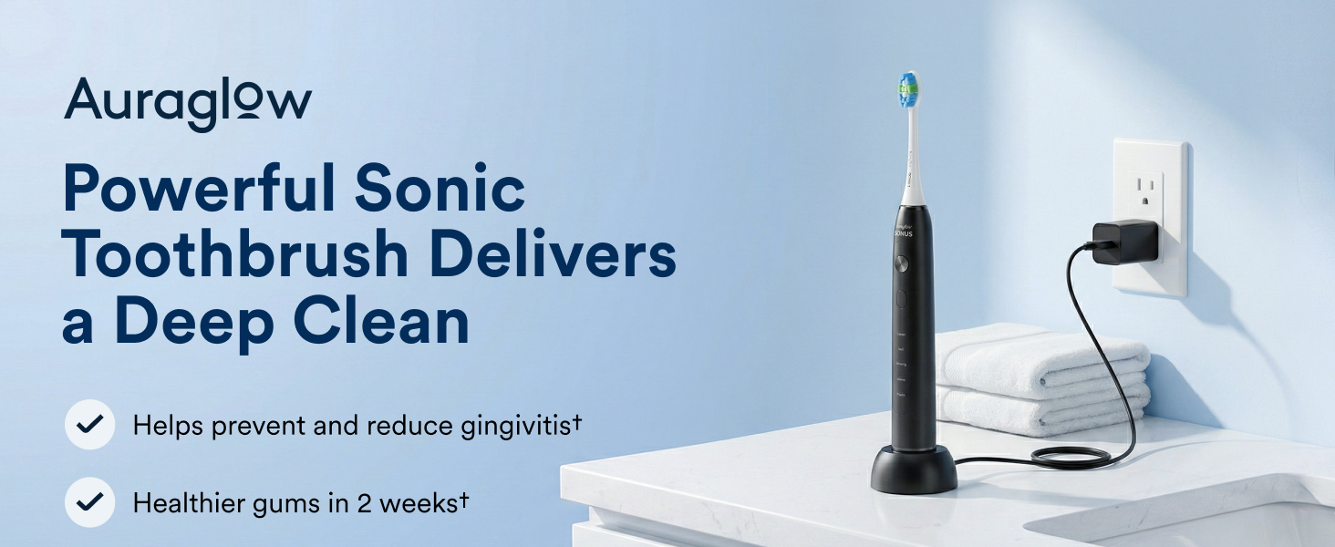 Auraglow sonus electric toothbrush on counter