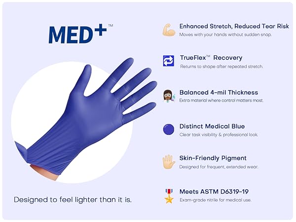 Med+ disposable gloves enhanced stretch tear resistant skin friendly 4 mil