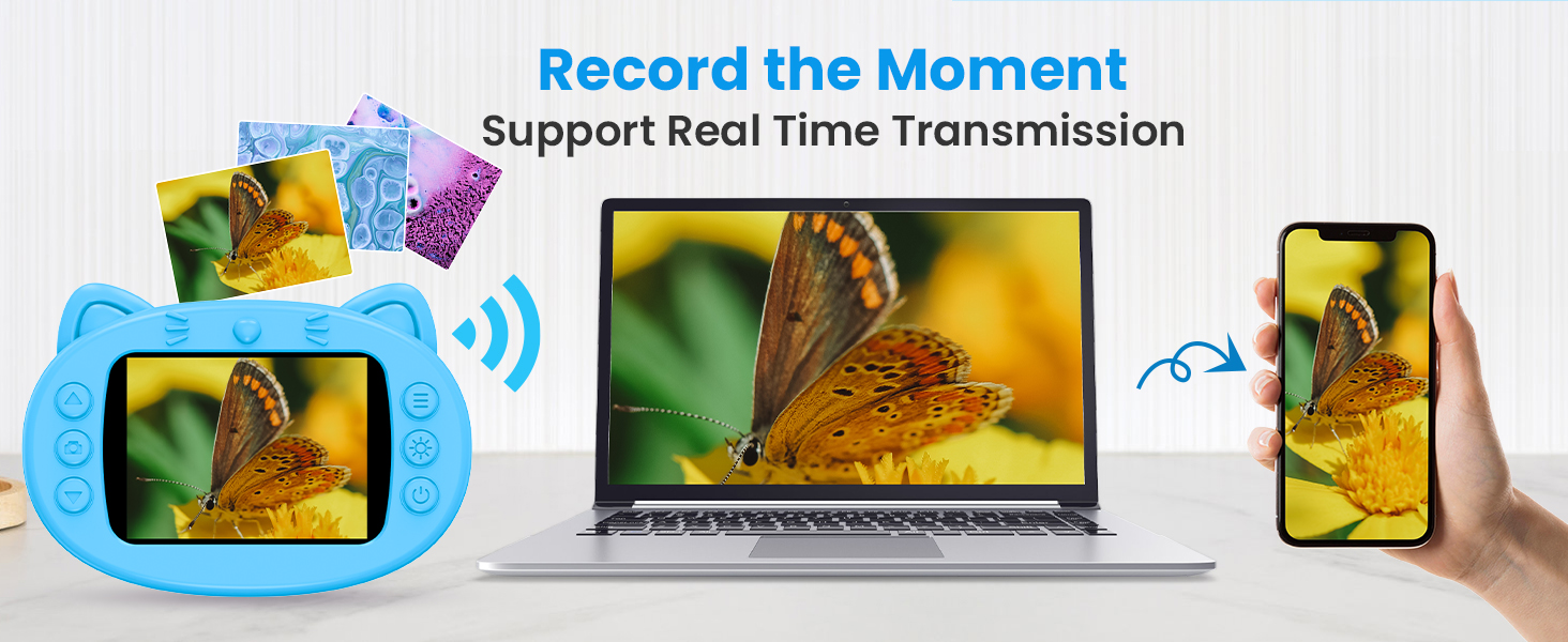 Text reads 'Support Real Time Transmission'. Diagram showing connected devices with blue connecting lines indicating data flow between multiple screens.