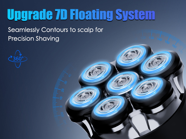 Text reads 'Upgrade 7D Floating System' and 'Seamlessly Contours to scrap for Precision Shaving'. Technical product images showing floating razor heads.