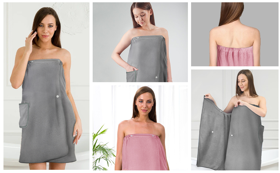 Strapless wrap towel design shown in gray and pink colors, featuring practical side pockets and secure fastening system.