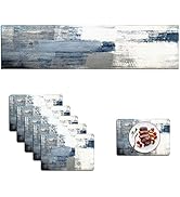 Mcalk Dusty Blue Table Runner and Placemats Set of 6 Pieces, Pink Flower Placemats Modern Art,Abs...