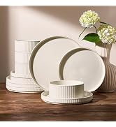 Famiware Star 12-Piece Stoneware Dinnerware Set for 4 – Oat, Ceramic Ribbed Plates and Bowls – Mo...