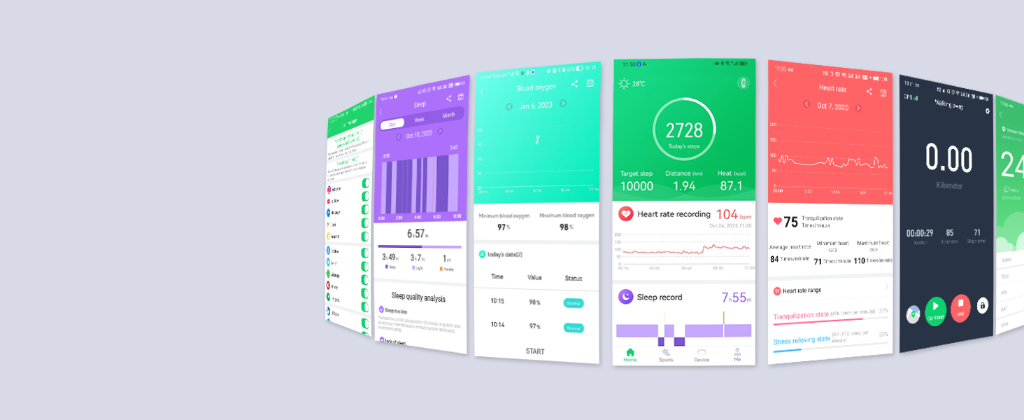 Multiple colorful mobile app screens displaying financial data, charts, and transaction information in a 3D perspective view.