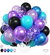 Black Purple Teal Blue Balloons,12 Inch Metallic Blue Purple Teal Blue Confetti Balloons with Rib...