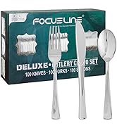 FOCUSLINE 300 Pack Silver Plastic Cutlery Set - 100 Forks, 100 Knives, 100 Spoons - Disposable Fl...